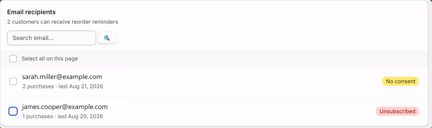 Repeatly recipients page with search, consent status and bulk selection